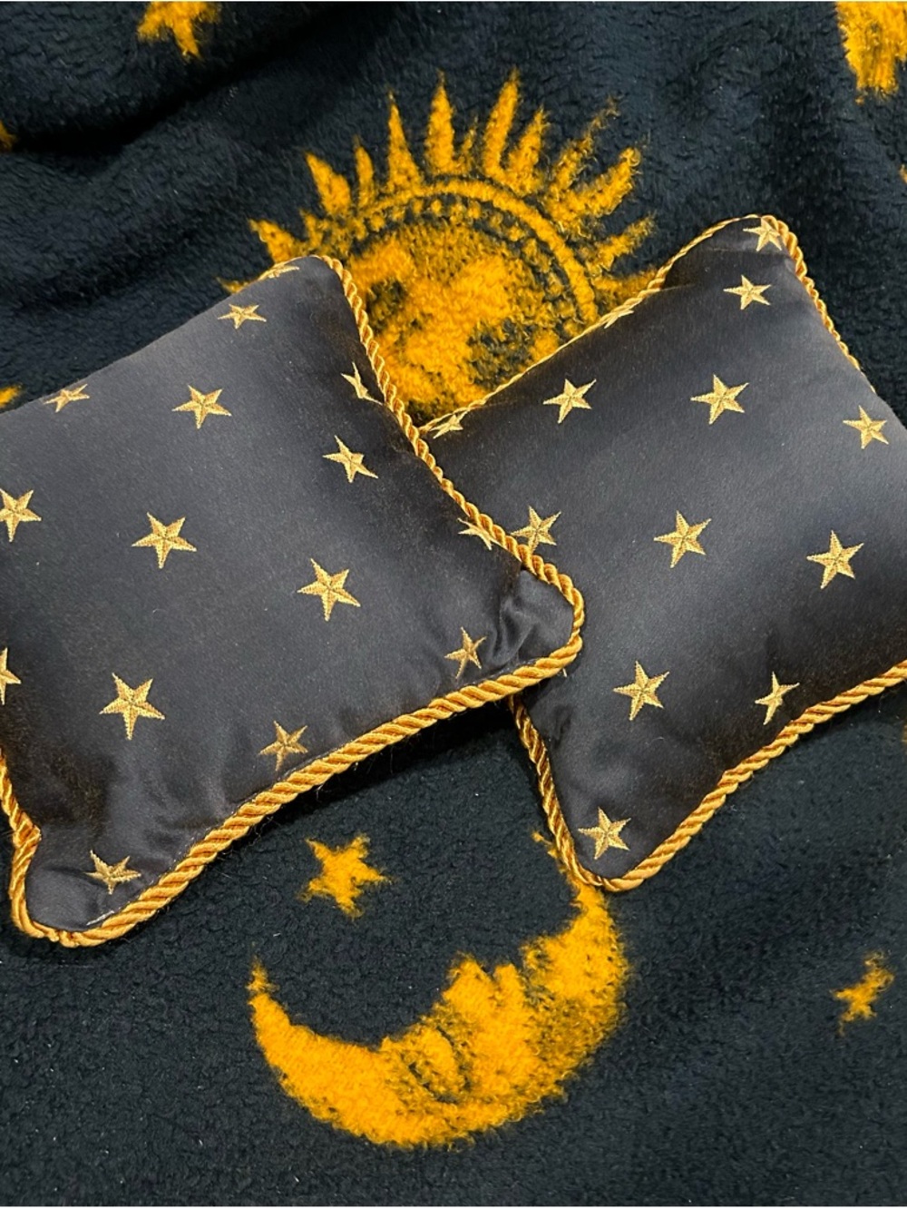 VTG Celestial Navy Accent Pillow Satin Mini 7” Gold Embroidered Stars Rope Trim